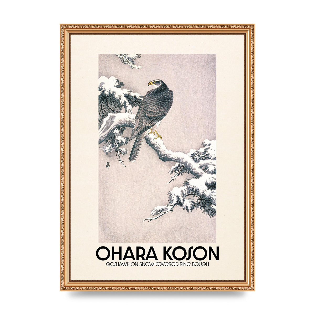 Ohara Koson Goshawk On Snow Covered Pine Bough Printed Poster - A3 framed