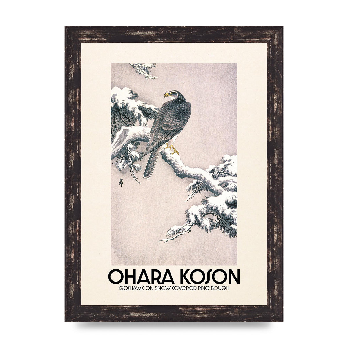 Ohara Koson Goshawk On Snow Covered Pine Bough Printed Poster - A4 framed