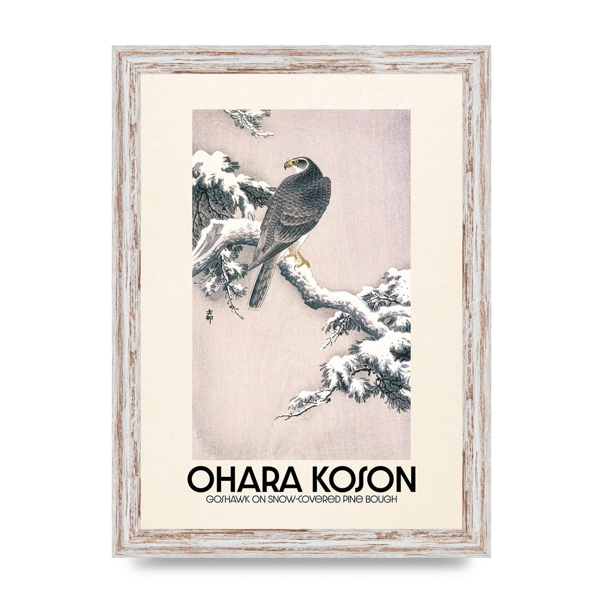 Ohara Koson Goshawk On Snow Covered Pine Bough Printed Poster - A4 framed