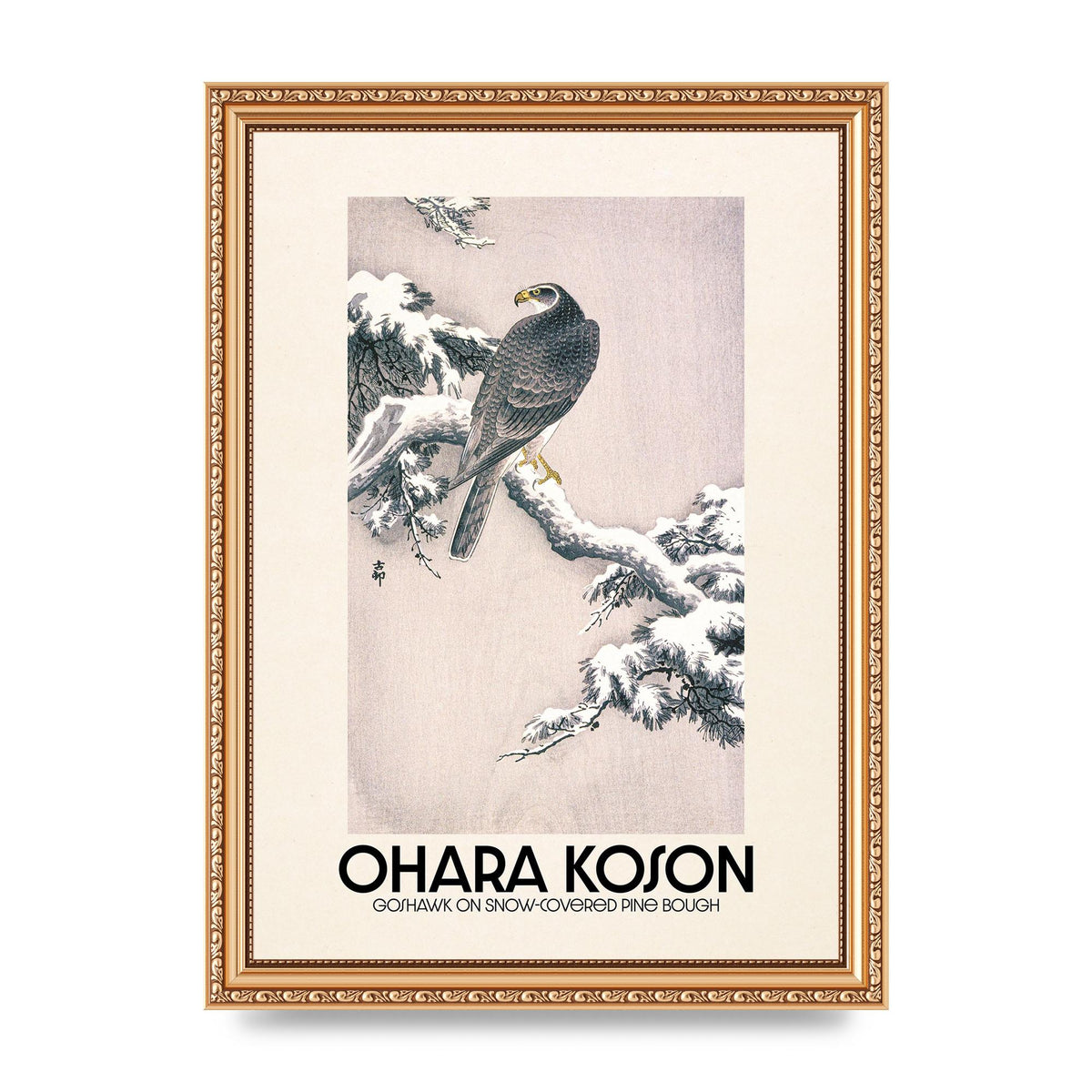 Ohara Koson Goshawk On Snow Covered Pine Bough Printed Poster - A4 framed