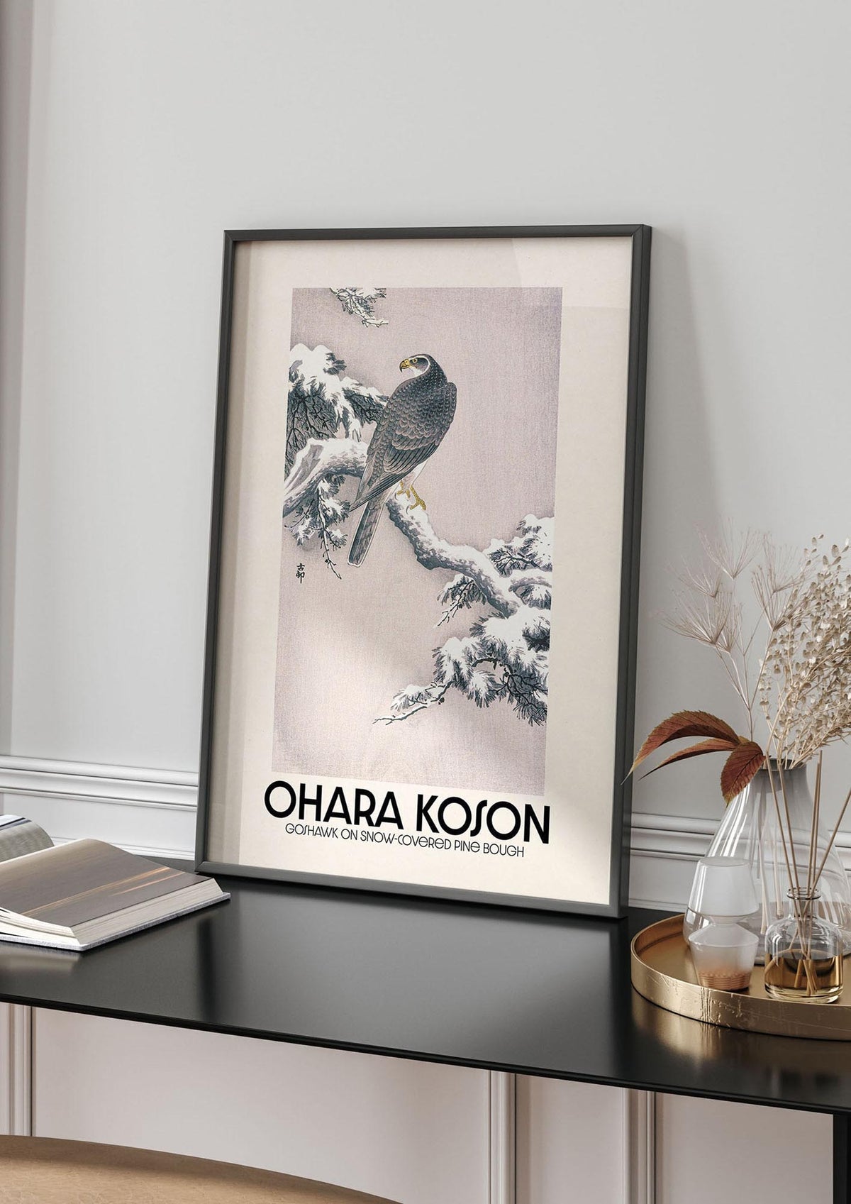 Ohara Koson Goshawk On Snow Covered Pine Bough Printed Poster - living room 4