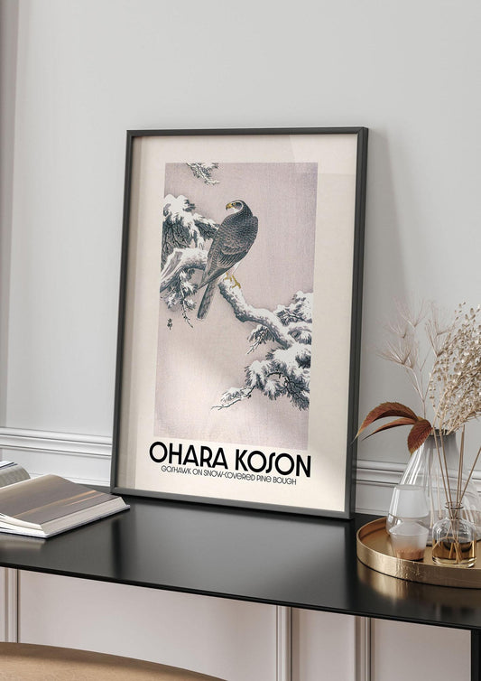 Ohara Koson Goshawk On Snow Covered Pine Bough Printed Poster - living room 4