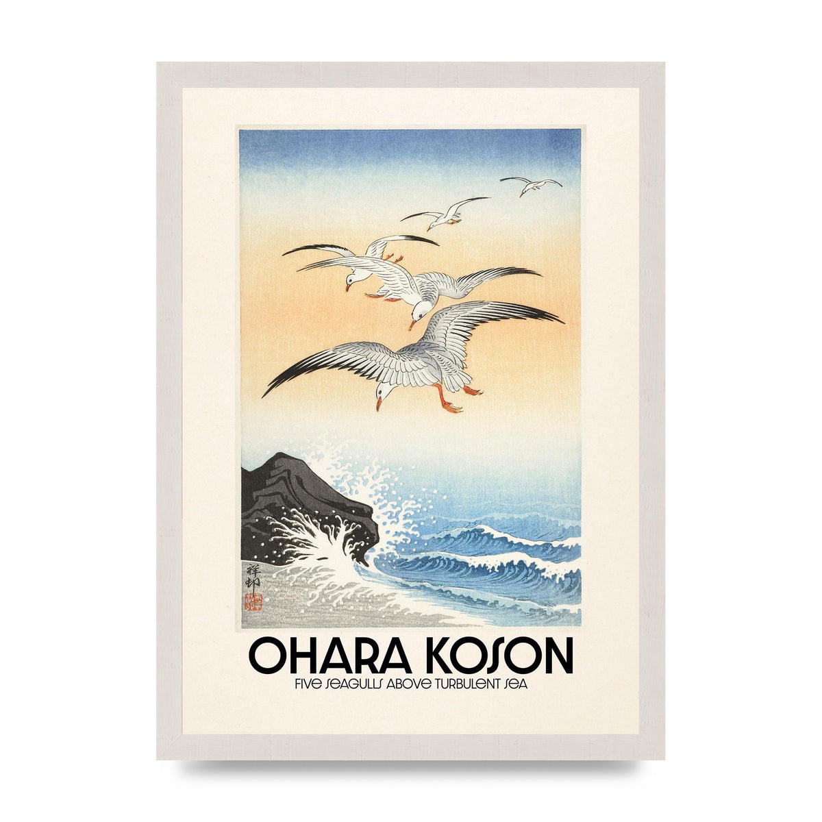 Ohara Koson Five Seagulls Above Turbulent Sea Wall Art - A3 framed