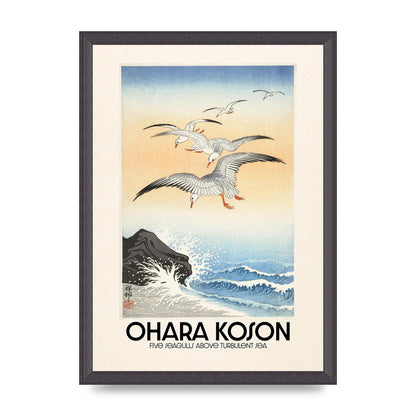 Ohara Koson Five Seagulls Above Turbulent Sea Wall Art - A3 framed