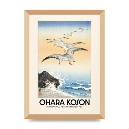 Ohara Koson Five Seagulls Above Turbulent Sea Wall Art - A3 framed