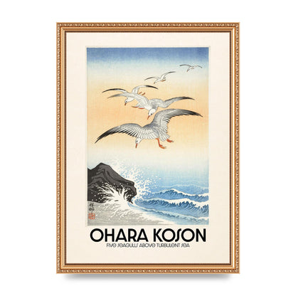 Ohara Koson Five Seagulls Above Turbulent Sea Wall Art - A3 framed