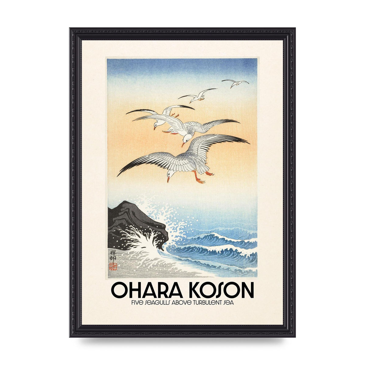 Ohara Koson Five Seagulls Above Turbulent Sea Wall Art - A3 framed