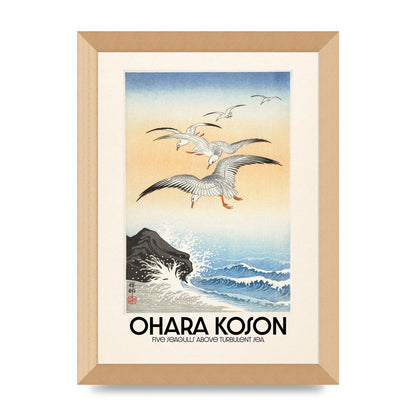Ohara Koson Five Seagulls Above Turbulent Sea Wall Art - A4 framed