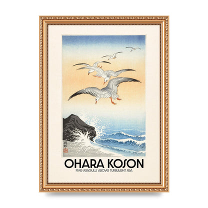 Ohara Koson Five Seagulls Above Turbulent Sea Wall Art - A4 framed