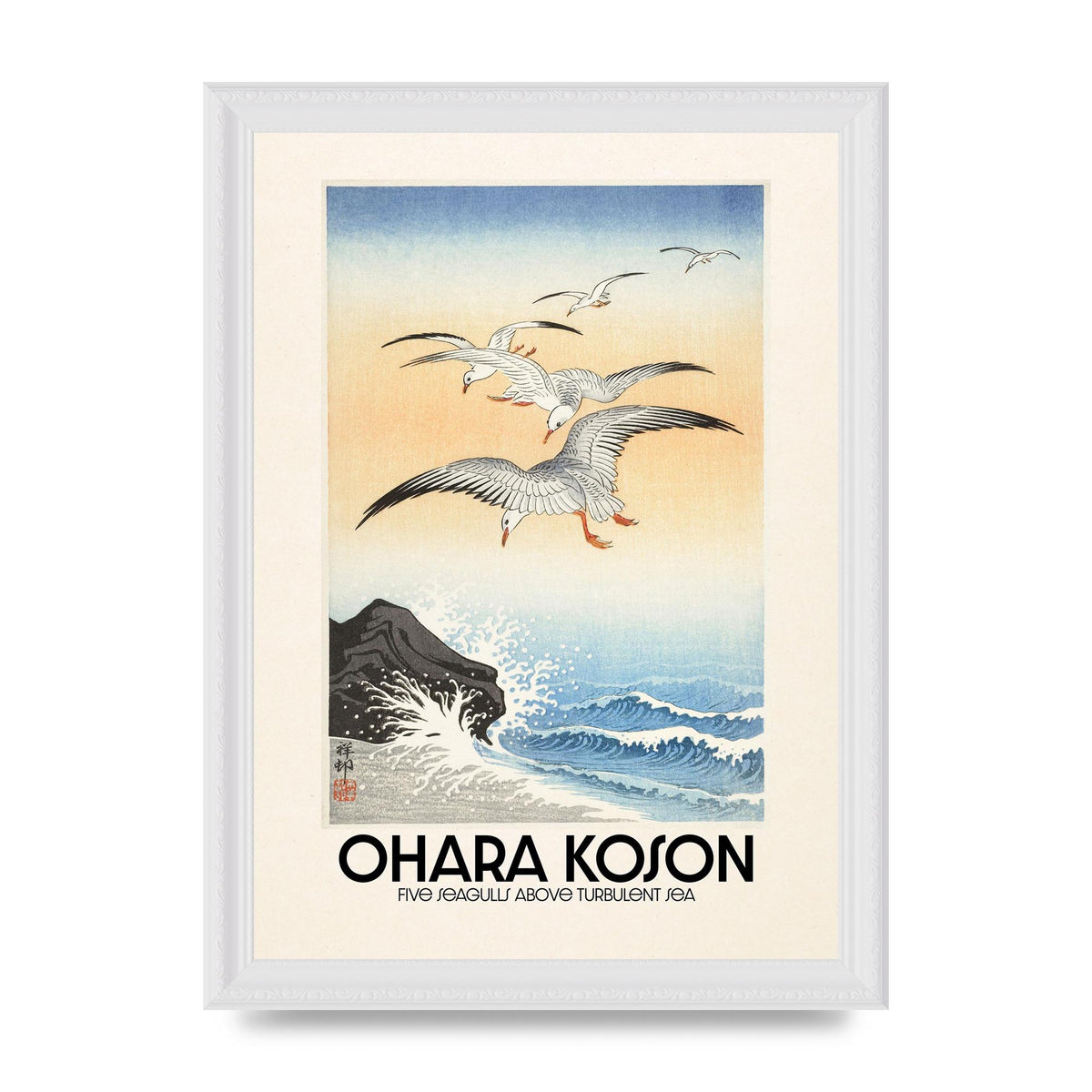 Ohara Koson Five Seagulls Above Turbulent Sea Wall Art - A4 framed