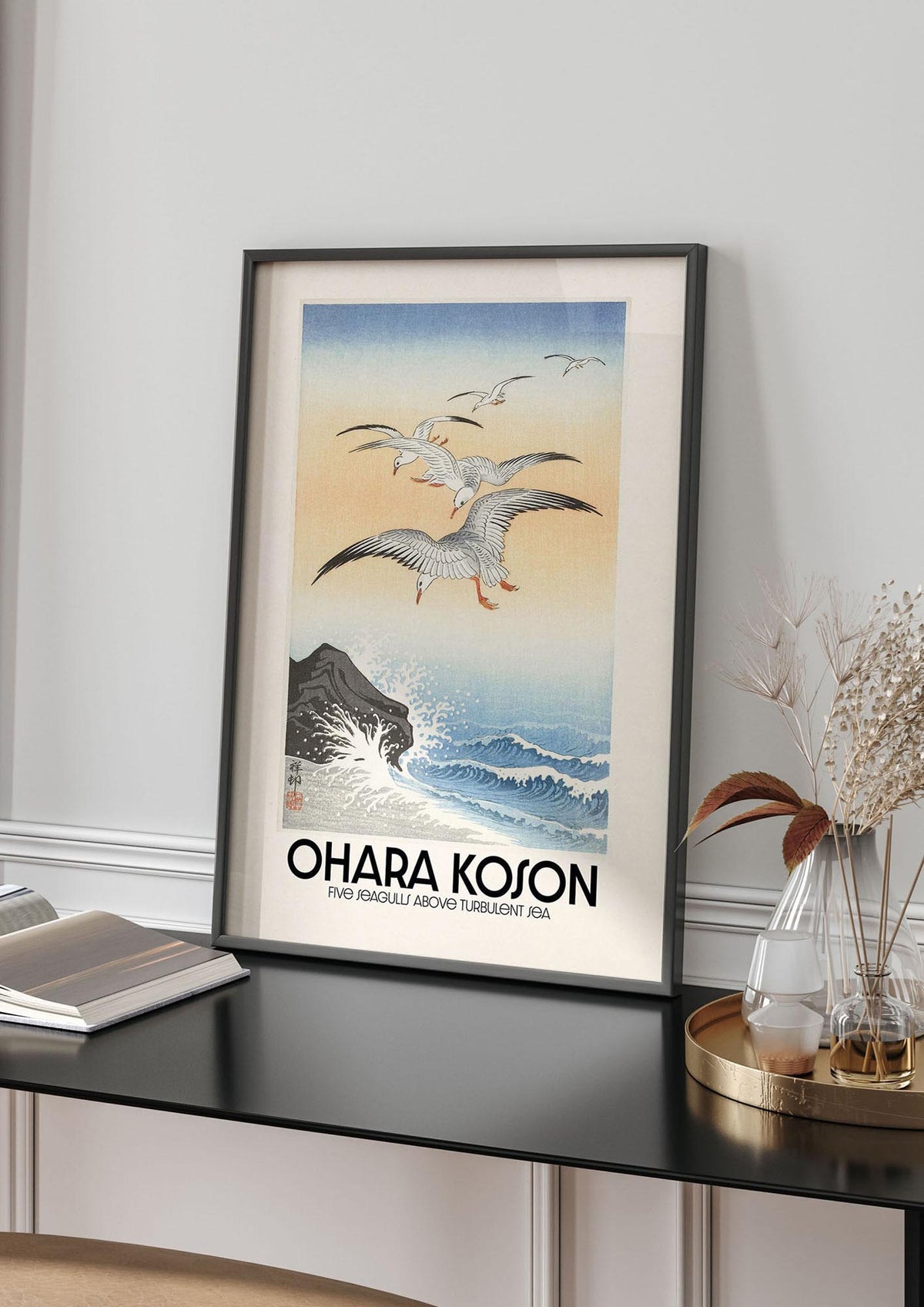 Ohara Koson Five Seagulls Above Turbulent Sea Wall Art - living room 4