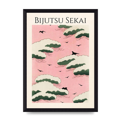 Bijutsu Sekai Pink Sky Illustration Printed Poster - A4 framed