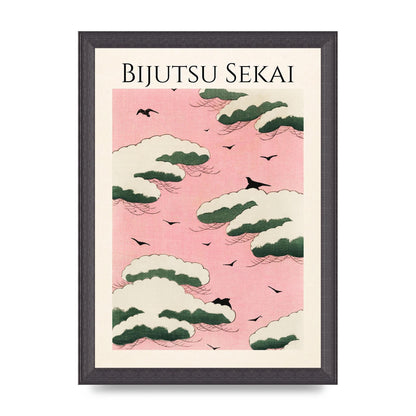 Bijutsu Sekai Pink Sky Illustration Printed Poster - A4 framed