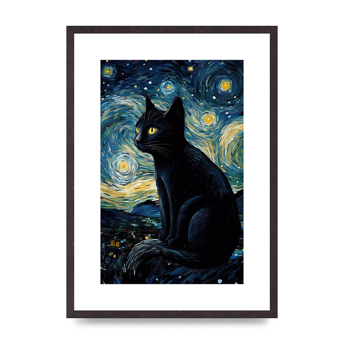 Sophisticated Black Cat Adorned in Starry Night Backdrop Print