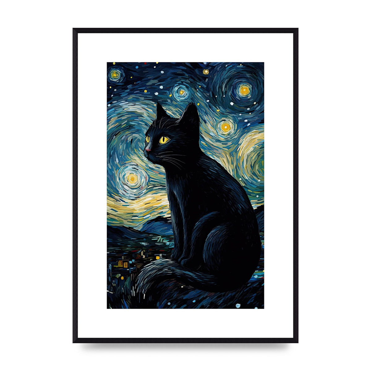 Sophisticated Black Cat Adorned in Starry Night Backdrop Print