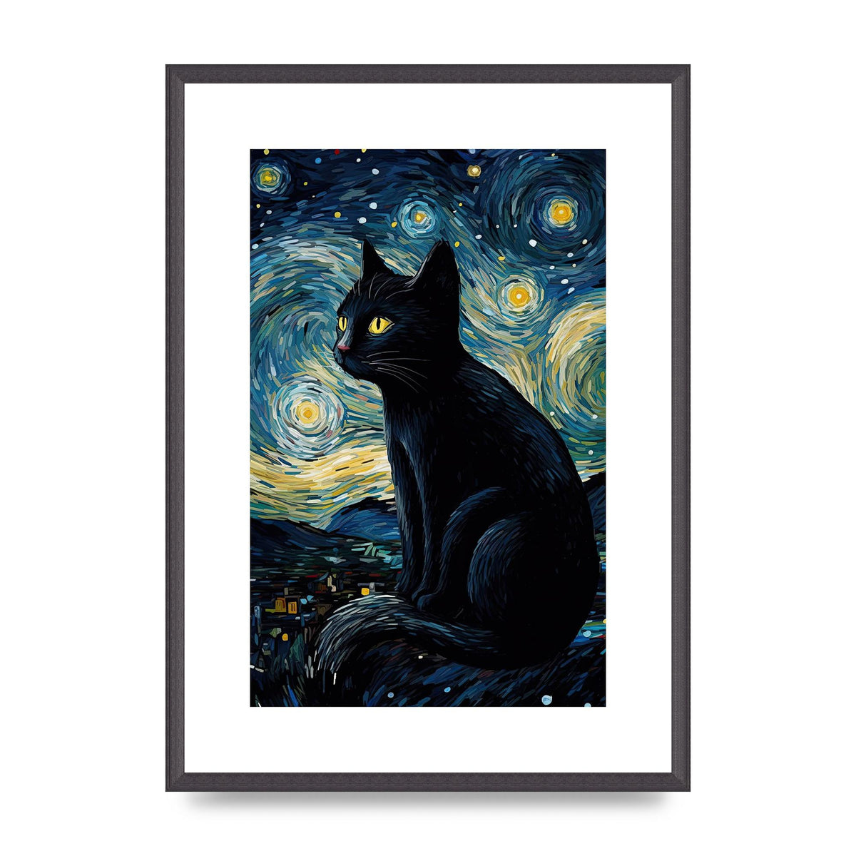 Sophisticated Black Cat Adorned in Starry Night Backdrop Print