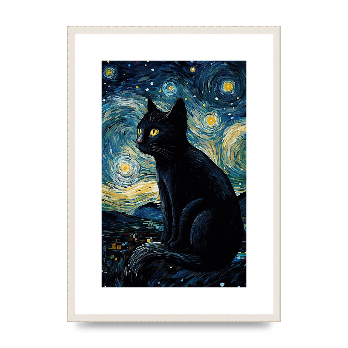 Sophisticated Black Cat Adorned in Starry Night Backdrop Print