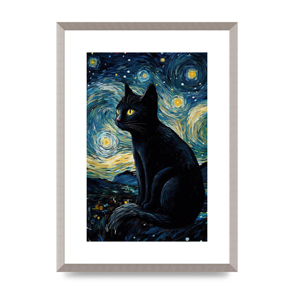 Sophisticated Black Cat Adorned in Starry Night Backdrop Print