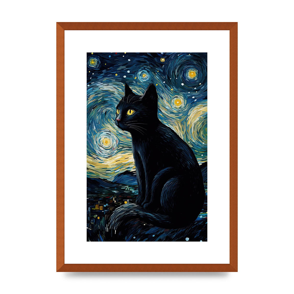 Sophisticated Black Cat Adorned in Starry Night Backdrop Print