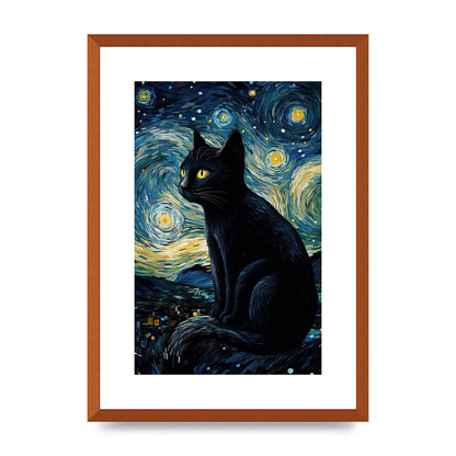 Sophisticated Black Cat Adorned in Starry Night Backdrop Print