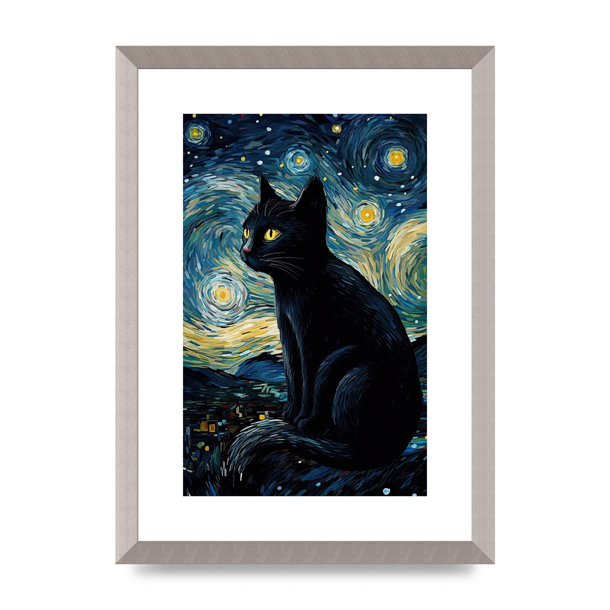 Sophisticated Black Cat Adorned in Starry Night Backdrop Print