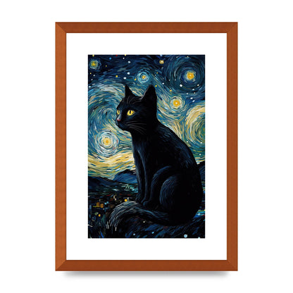Sophisticated Black Cat Adorned in Starry Night Backdrop Print
