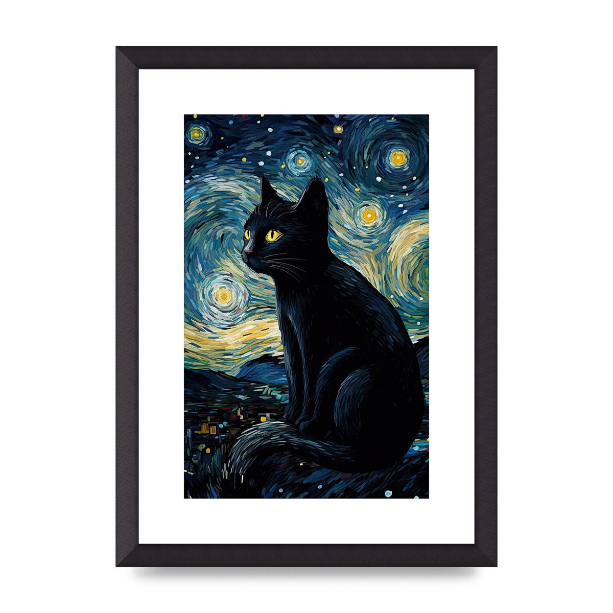 Sophisticated Black Cat Adorned in Starry Night Backdrop Print
