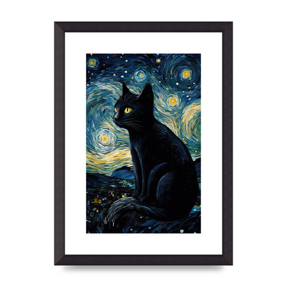 Sophisticated Black Cat Adorned in Starry Night Backdrop Print