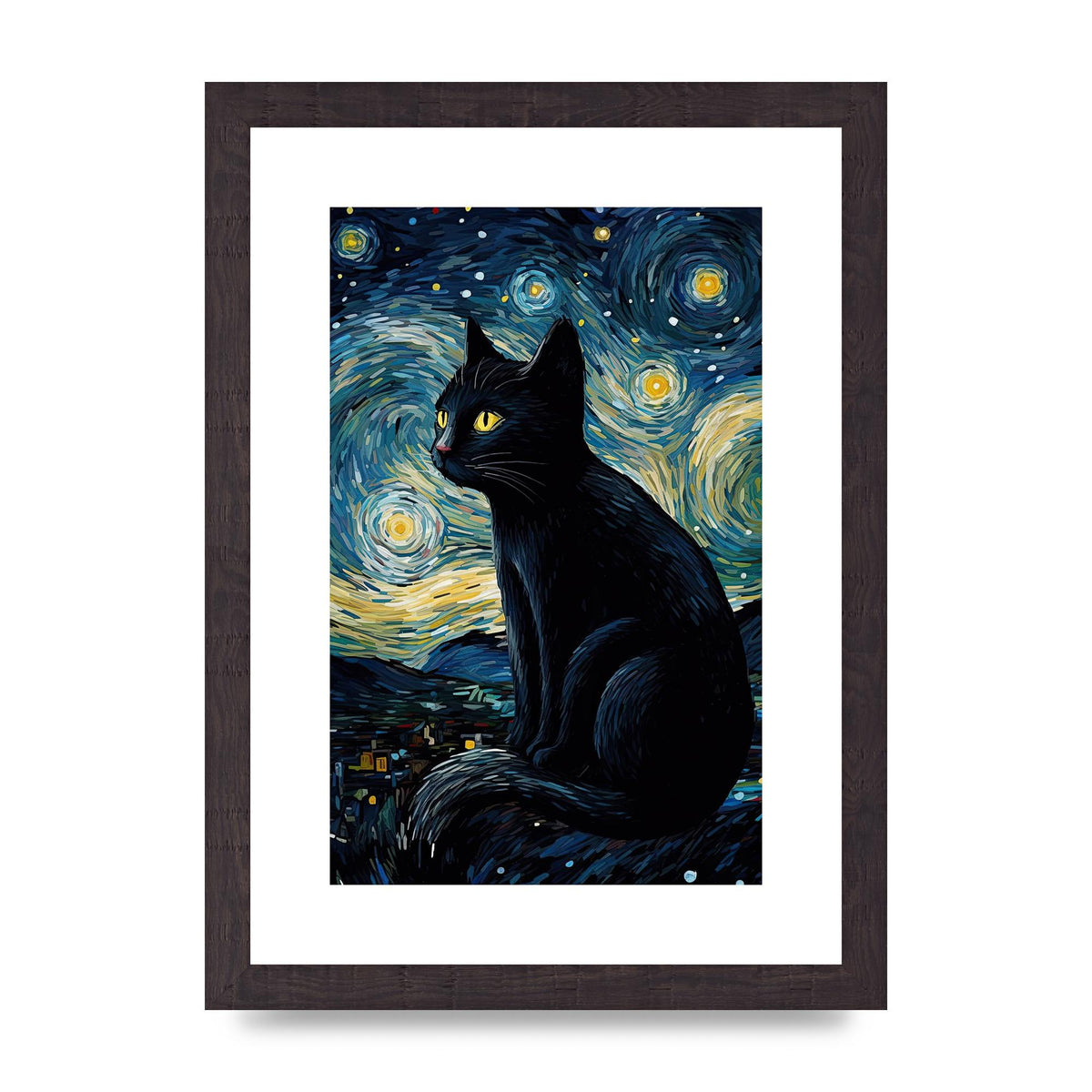Sophisticated Black Cat Adorned in Starry Night Backdrop Print