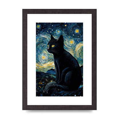 Sophisticated Black Cat Adorned in Starry Night Backdrop Print