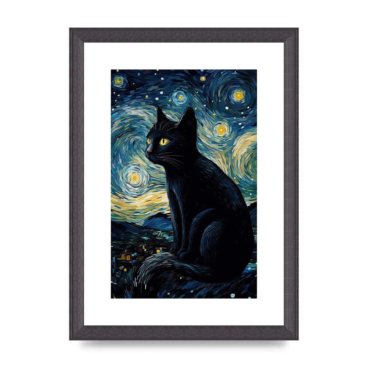 Sophisticated Black Cat Adorned in Starry Night Backdrop Print