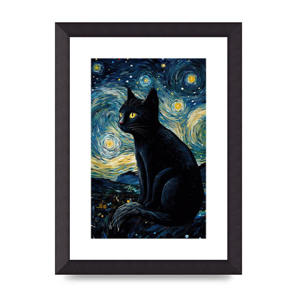 Sophisticated Black Cat Adorned in Starry Night Backdrop Print
