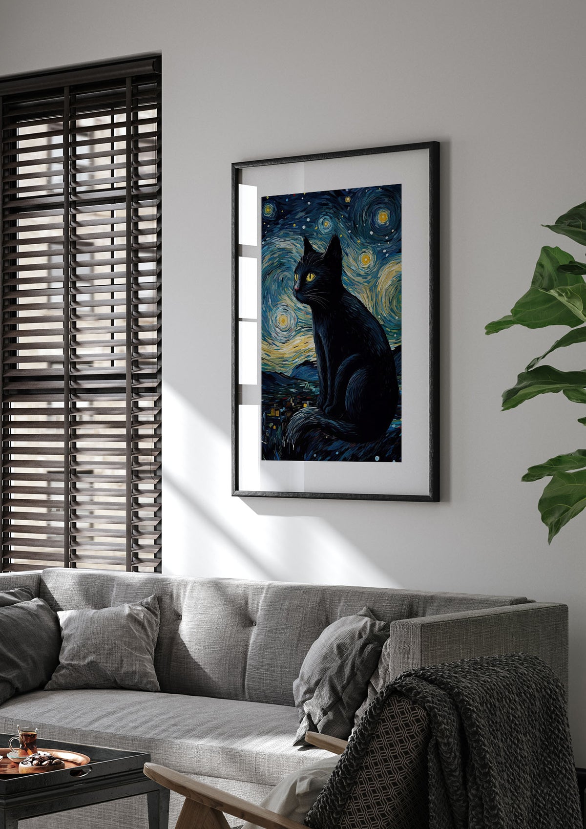 Sophisticated Black Cat Adorned in Starry Night Backdrop Print