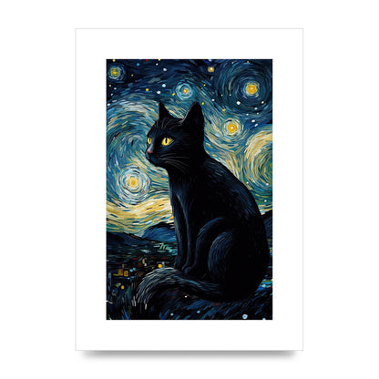 Sophisticated Black Cat Adorned in Starry Night Backdrop Print