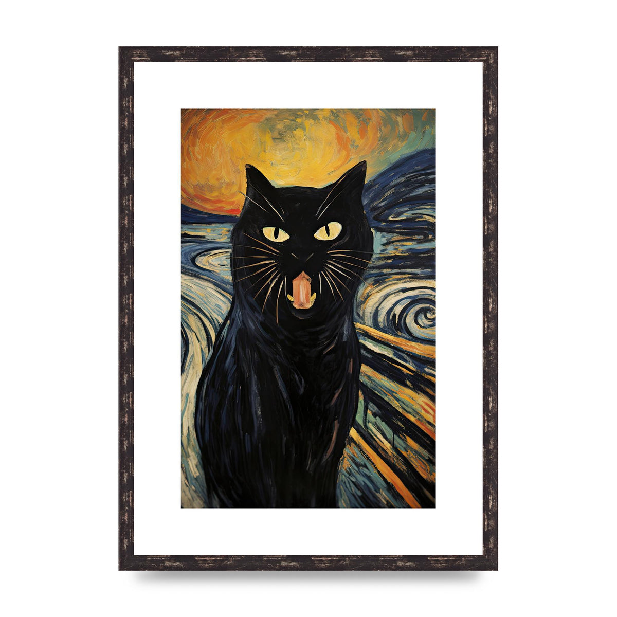 Expressive Black Cat Against Fiery Swirls Art Poster