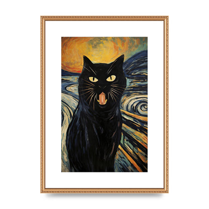 Expressive Black Cat Against Fiery Swirls Art Poster
