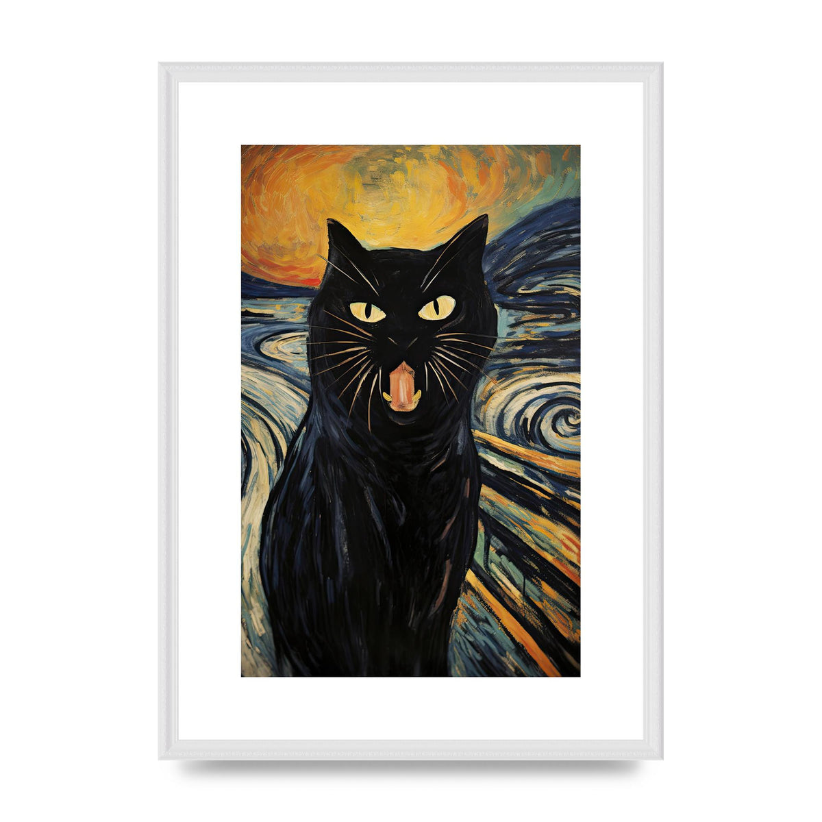 Expressive Black Cat Against Fiery Swirls Art Poster