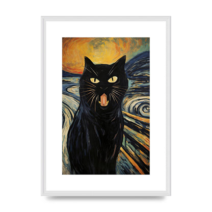 Expressive Black Cat Against Fiery Swirls Art Poster