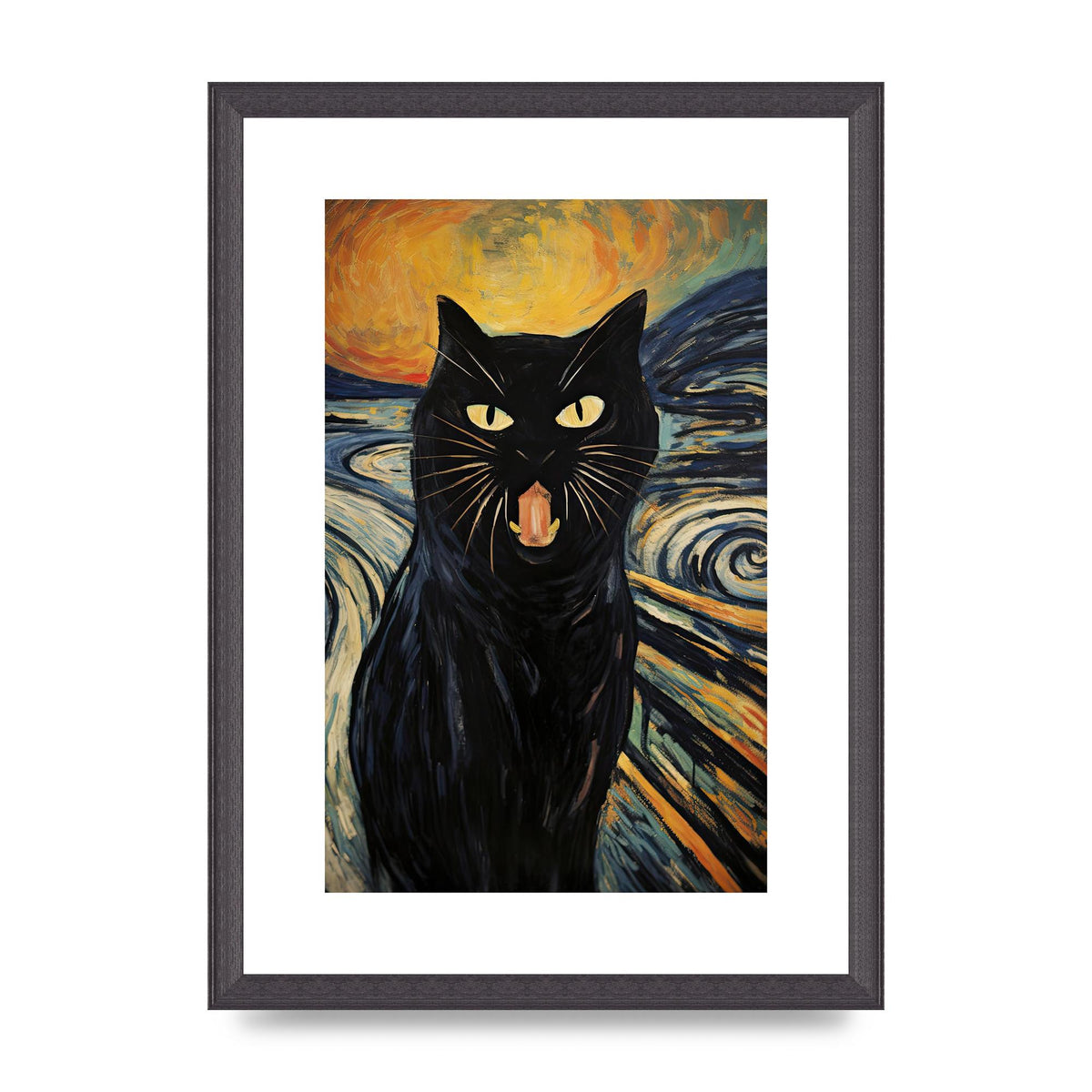 Expressive Black Cat Against Fiery Swirls Art Poster