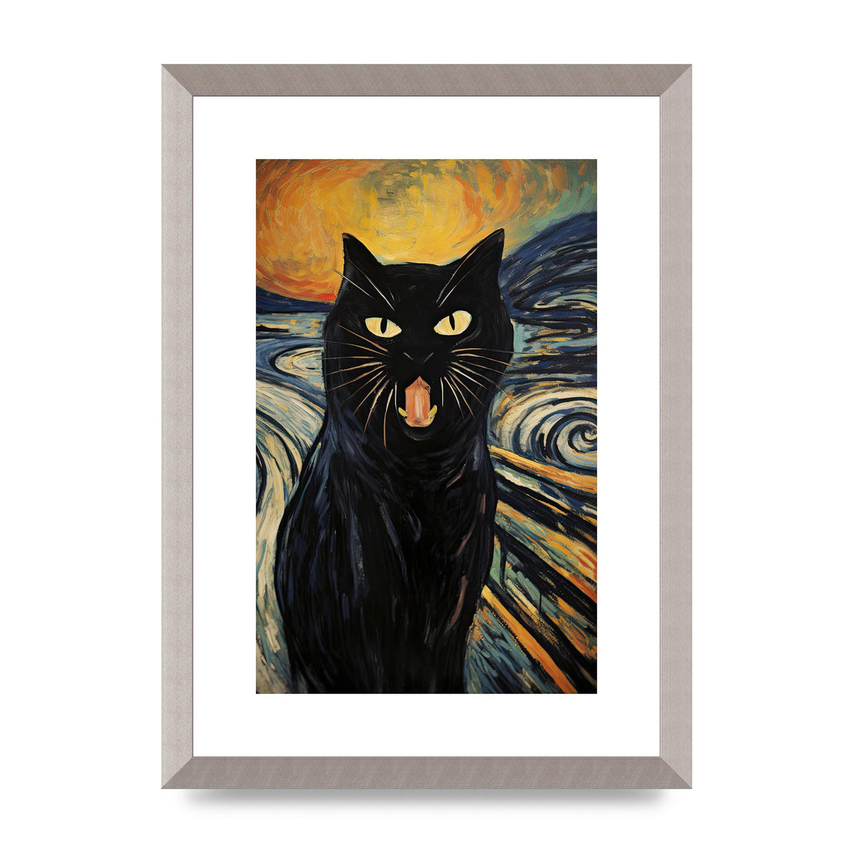 Expressive Black Cat Against Fiery Swirls Art Poster