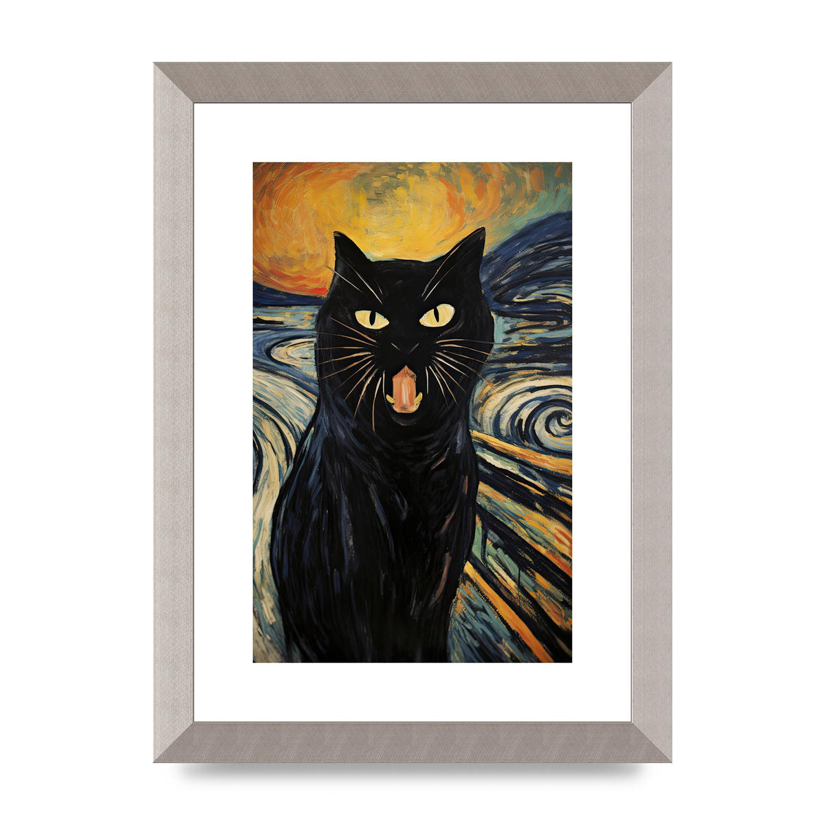Expressive Black Cat Against Fiery Swirls Art Poster
