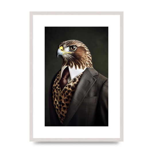 Regal Eagle in Suit Wall Art - Majestic Animal Portrait, print in an A2 white saw cut grain frame