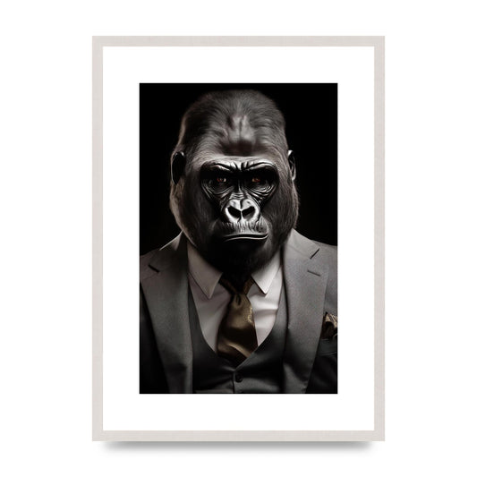 Elegant Gorilla in Grey Suit: Unique Wall Art Statement