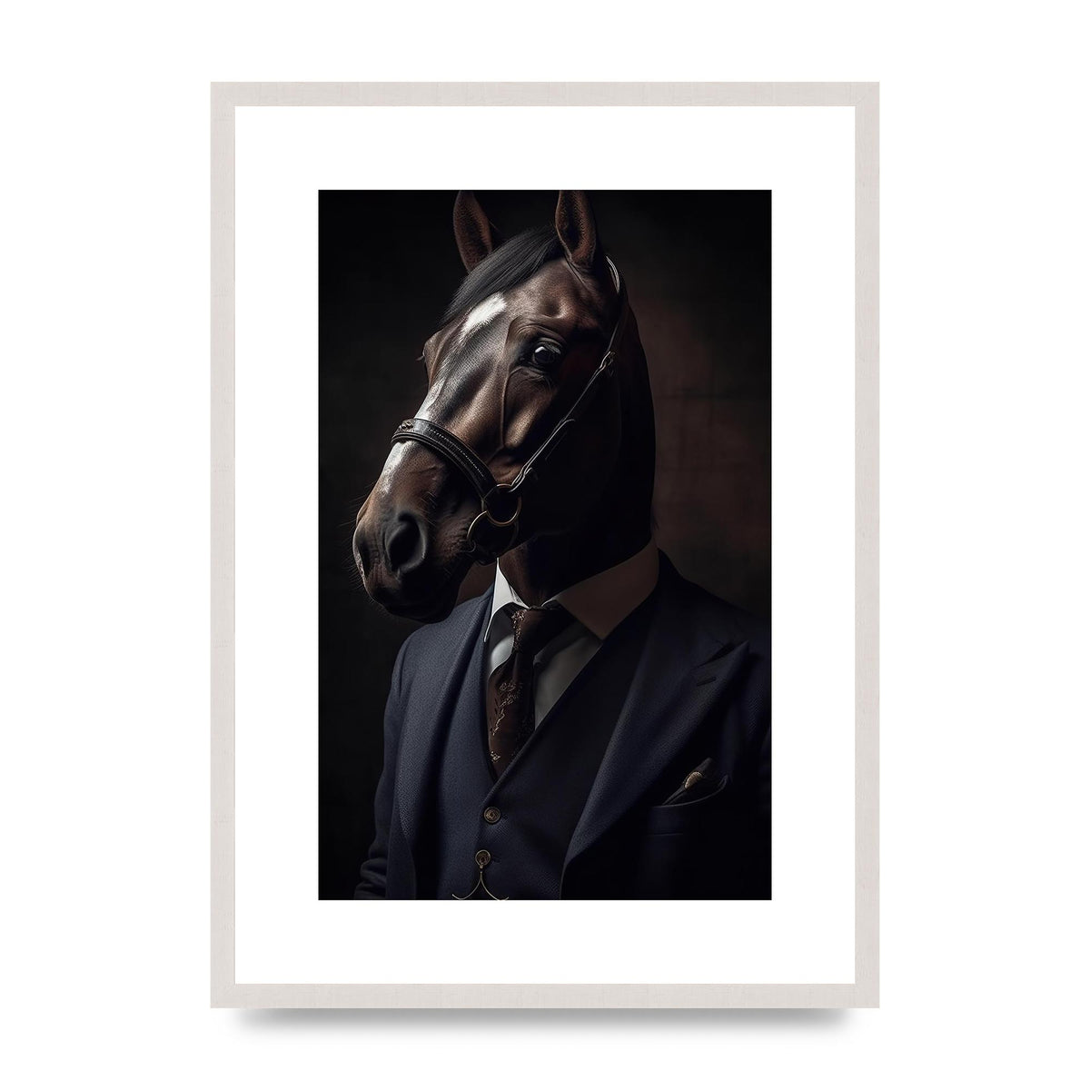 Sophisticated Horse Portrait in Blue Suit: Classy Animal Art, print in an A2 white saw cut grain frame