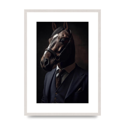 Sophisticated Horse Portrait in Blue Suit: Classy Animal Art, print in an A2 white saw cut grain frame