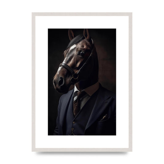 Sophisticated Horse Portrait in Blue Suit: Classy Animal Art, print in an A2 white saw cut grain frame