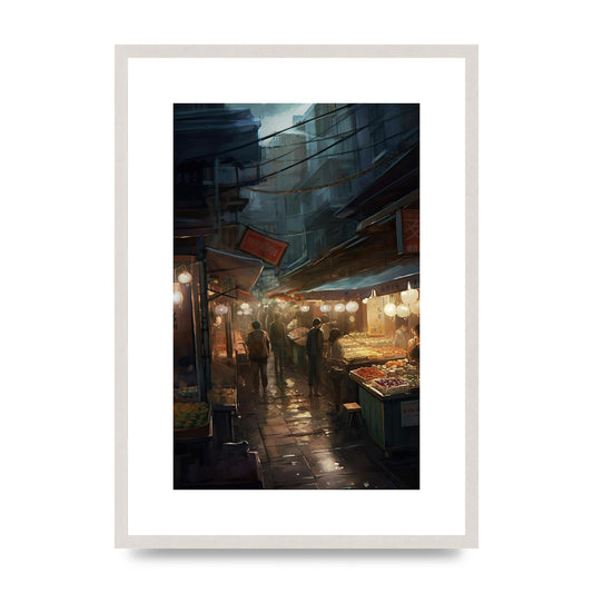 Vibrant Market Street at Dusk: Atmospheric Urban Artwork