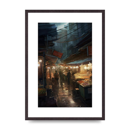 Vibrant Market Street at Dusk: Atmospheric Urban Artwork