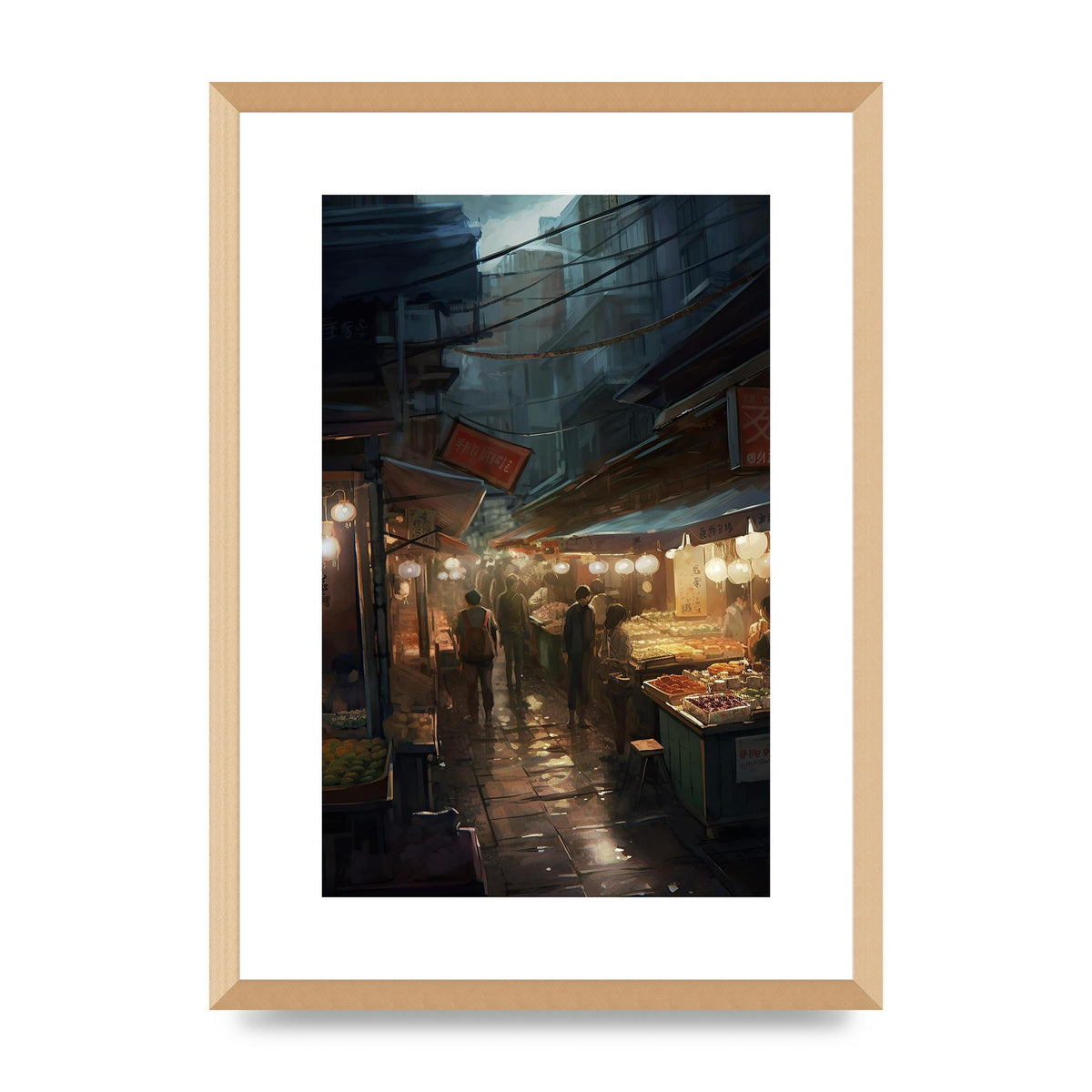 Vibrant Market Street at Dusk: Atmospheric Urban Artwork