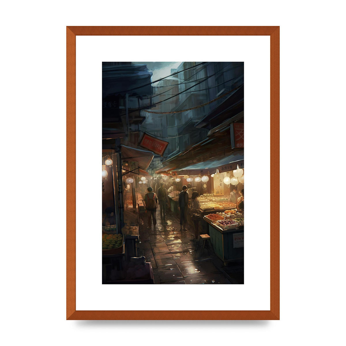 Vibrant Market Street at Dusk: Atmospheric Urban Artwork